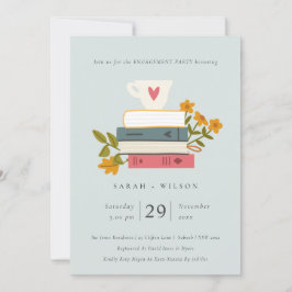 Tarjeta De Agradecimiento Curte Blue Stacking Books Floral Engagement Invita