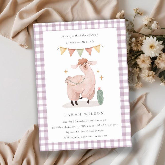 Tarjeta De Agradecimiento Curte Purple Cactus Boho Llama Baby Shower Invite (Subido por el creador)
