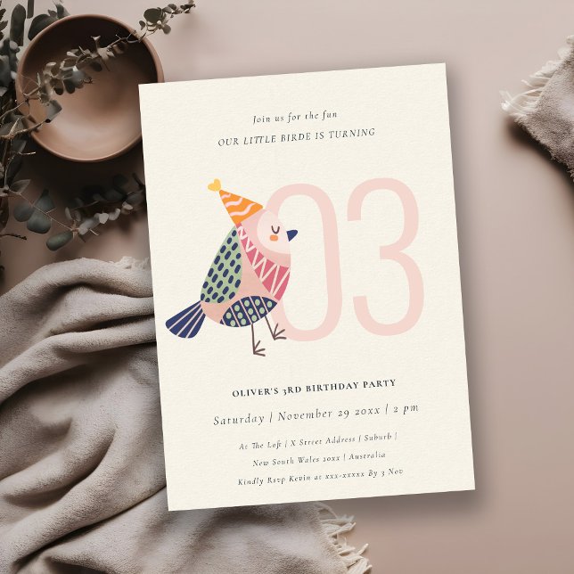 Tarjeta De Agradecimiento Curte Rubor Pink Birdie Any Age 3er cumpleaños (Subido por el creador)