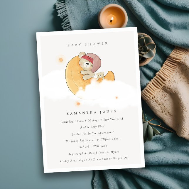Tarjeta De Agradecimiento Curte Sleepy Bear Over Moon Chica Baby Shower Invi (Subido por el creador)