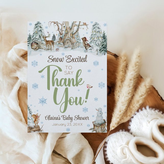 Tarjeta De Agradecimiento Curte Winter Woodland Animals Snowflake Baby Showe (Cute Snow Excited to say Thank You mommy-to-be name baby shower thank you card, winter animals)