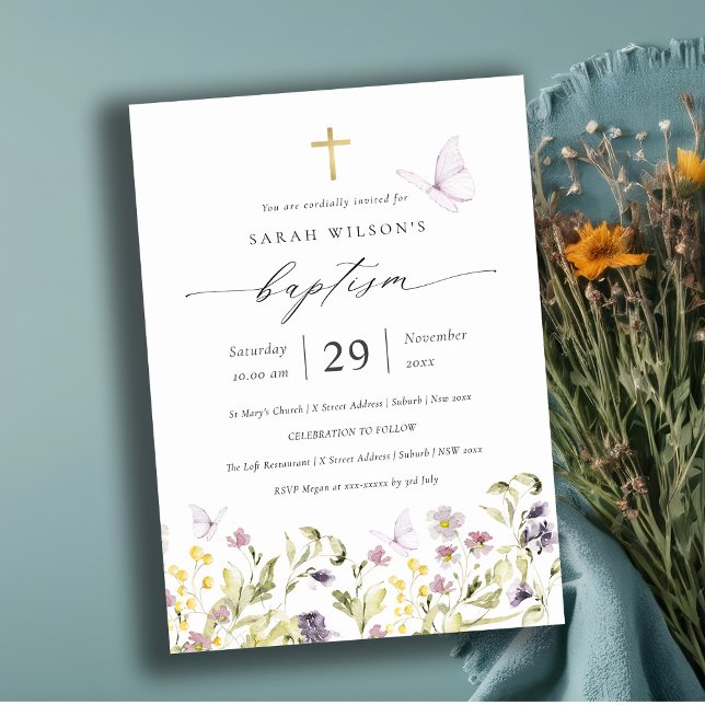 Tarjeta De Agradecimiento Curto Pink Meadow Floral Mariposa Baptismo Invitad (Subido por el creador)