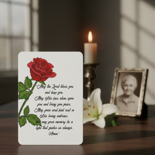 Tarjeta De Agradecimiento Custom Funeral Memorial Card with Prayer and Rose (Subido por el creador)