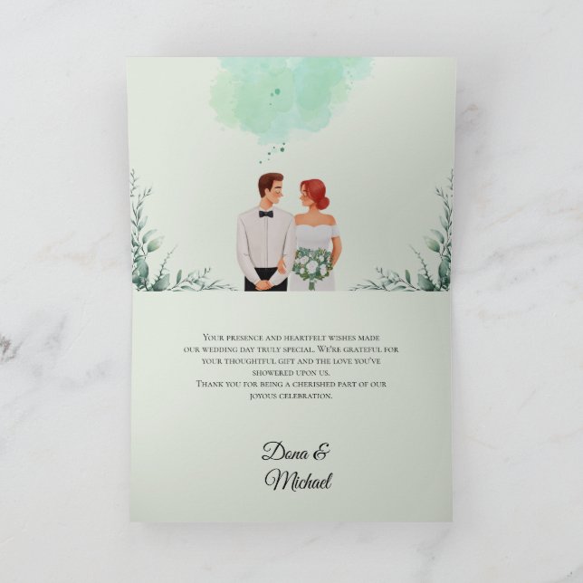 Tarjeta De Agradecimiento Custom green watercolor flowy wedding (Interior)
