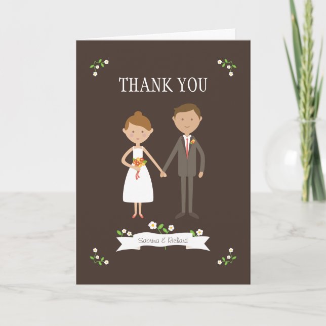 Tarjeta De Agradecimiento Custom Illustrated Cartoon Couple Portrait Wedding (Anverso)