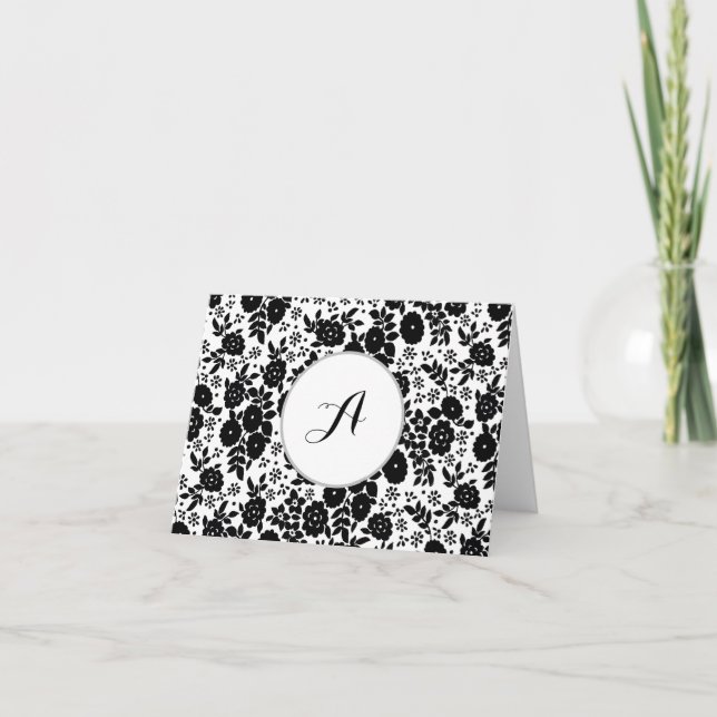 Tarjeta De Agradecimiento Custom Monogram Flower Pattern Black and White (Anverso)