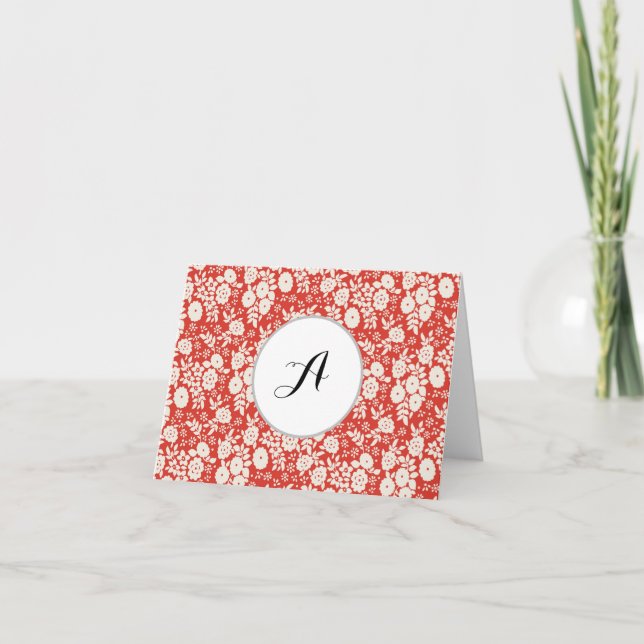 Tarjeta De Agradecimiento Custom Monogram Flower Pattern Red (Anverso)