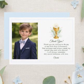 Tarjeta De Agradecimiento Custom Photo First Holy Communion Blue