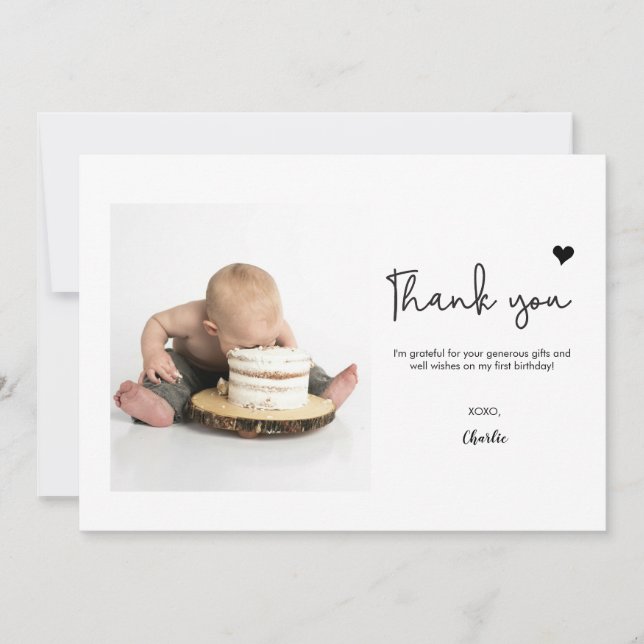 Tarjeta De Agradecimiento Custom Photo Modern heart First Birthday (Anverso)