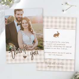 Tarjeta De Agradecimiento Custom Photo Rustic Beige Gingham And Hare Wedding