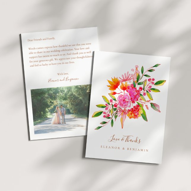 Tarjeta De Agradecimiento Custom Preprinted Pink Orange Floral Photo Wedding (Subido por el creador)