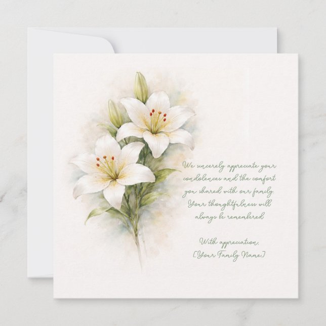 Tarjeta De Agradecimiento Customizable Funeral White Lily Thank You Card (Anverso)