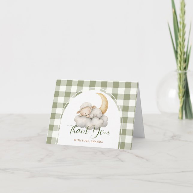 Tarjeta De Agradecimiento Cute A little lamb baby shower Sage Green Gingham (Anverso)