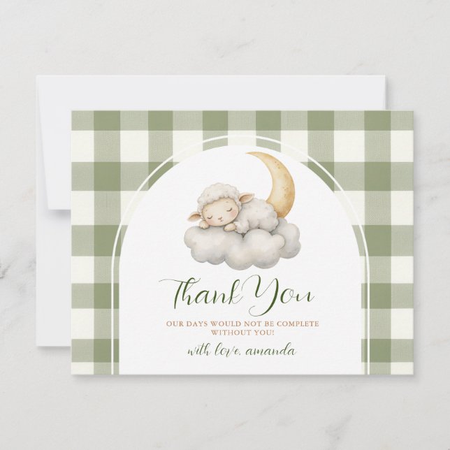 Tarjeta De Agradecimiento Cute A little lamb baby shower Sage Green Gingham (Anverso)