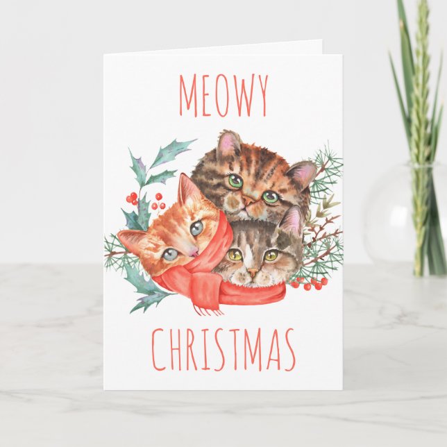 Tarjeta De Agradecimiento Cute acuarela Kittens Meowy Navidades Card (Anverso)