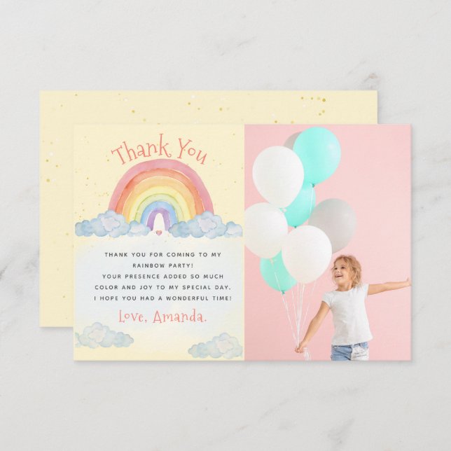 Tarjeta De Agradecimiento Cute acuarela Rainbow Birday Party Foto (Anverso / Reverso)