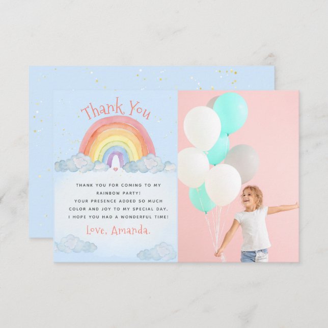 Tarjeta De Agradecimiento Cute acuarela Rainbow Birday Party Foto (Anverso / Reverso)