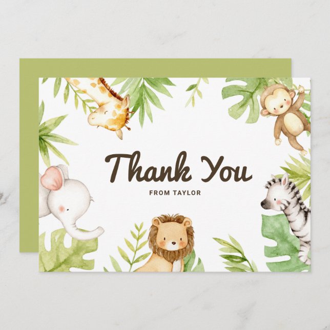 Tarjeta De Agradecimiento Cute acuarela Safari amigos cumpleaños tropical (Anverso / Reverso)