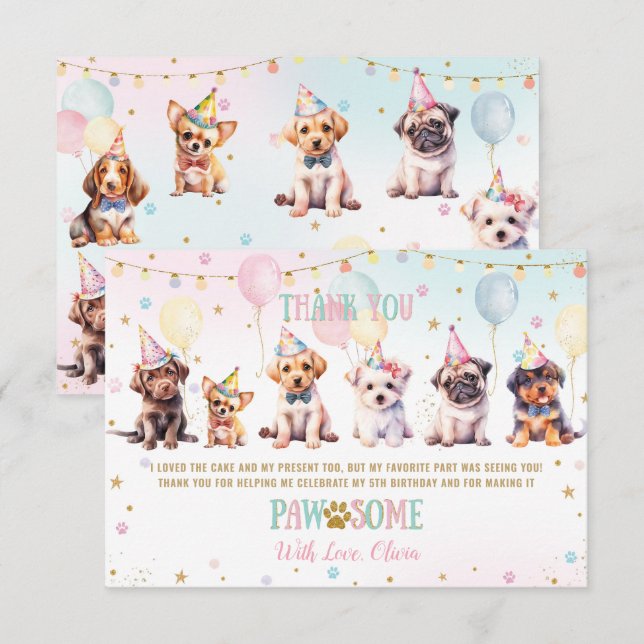 Tarjeta De Agradecimiento Cute Adorable Cuppy Dog Balloons Fiesta de Cumplea (Anverso / Reverso)