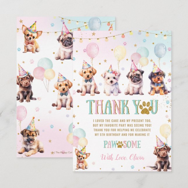 Tarjeta De Agradecimiento Cute Adorable Cuppy Perros Globos Fiesta de Cumple (Anverso / Reverso)