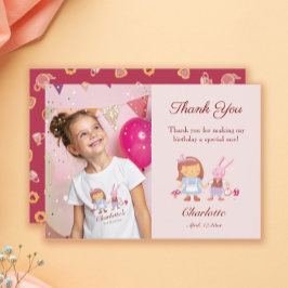Tarjeta De Agradecimiento Cute Alice Conejo Niños Cumpleaños Rosa Foto