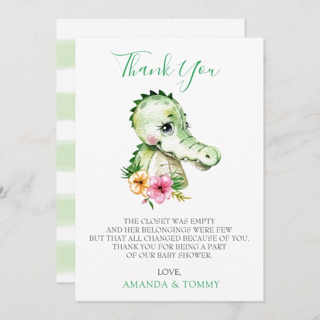 Tarjeta De Agradecimiento Cute Alligator Hibiscus Baby Shower Gracias (Anverso / Reverso)