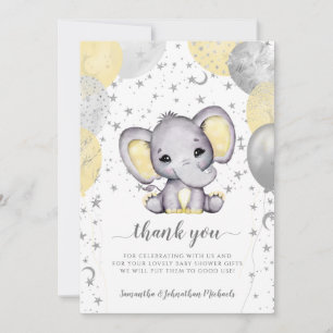 Tarjeta De Agradecimiento Cute amarillo elefante en Baby Shower globos graci