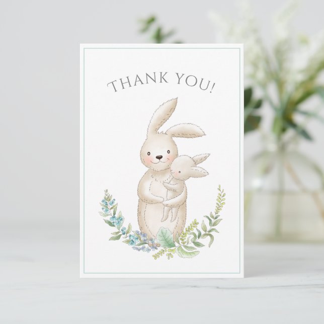 Tarjeta De Agradecimiento Cute Animals Bunny Green Baby Shower Gracias (Anverso de pie)