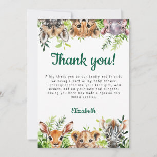 Tarjeta De Agradecimiento Cute Animals Safari Bebé Shower en Acuarela