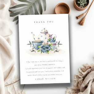 Tarjeta De Agradecimiento Cute Aqua Blue Floral Teapot Crups Brillante Ducha