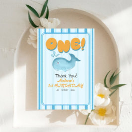 Tarjeta De Agradecimiento Cute Baby Blue Whale 1st Birthday Stripes