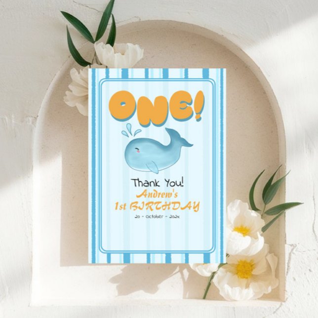 Tarjeta De Agradecimiento Cute Baby Blue Whale 1st Birthday Stripes (Subido por el creador)