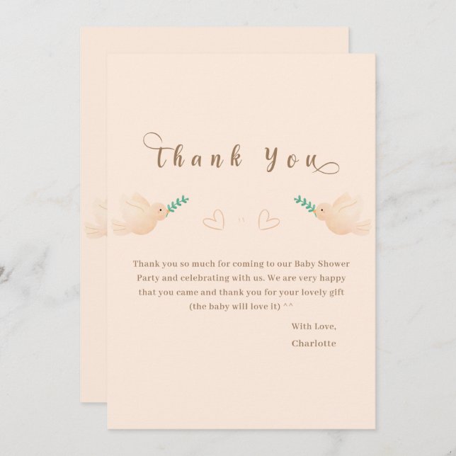 Tarjeta De Agradecimiento Cute Baby Dove Baby Shower Gracias Card (Anverso / Reverso)