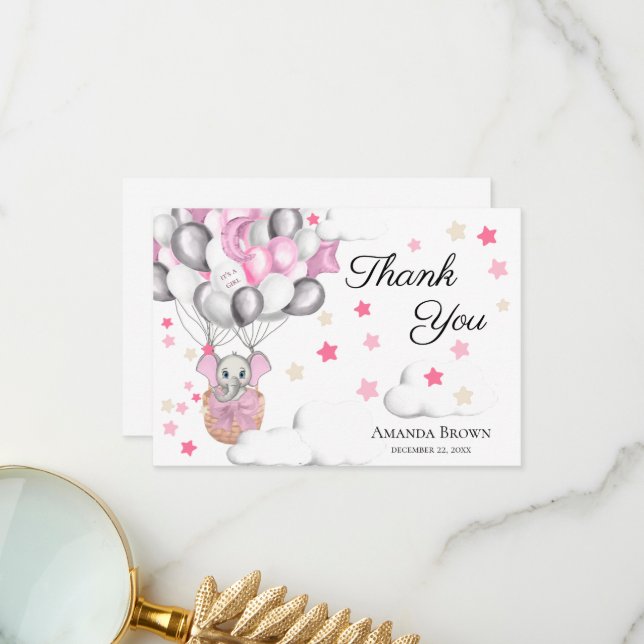 Tarjeta De Agradecimiento Cute Baby Elephant Balloon Baby Shower | Gracias (Anverso/Reverso In Situ)