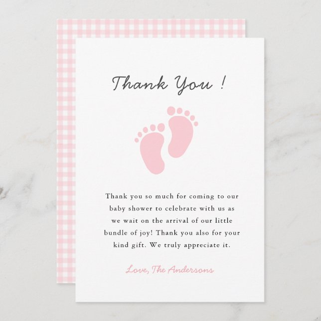 Tarjeta De Agradecimiento Cute Baby footprint  Baby girl shower (Anverso / Reverso)