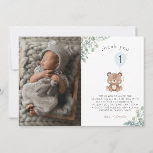 Tarjeta De Agradecimiento Cute Balloon Greenery Teddy Bear Primer Cumpleaños