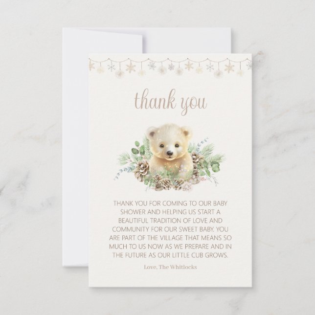 Tarjeta De Agradecimiento Cute Bear Cub Winter Greeneration Baby Shower (Anverso)