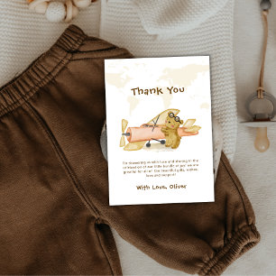 Tarjeta De Agradecimiento Cute Bear Explorador Mapa Mundial Avión Baby Showe