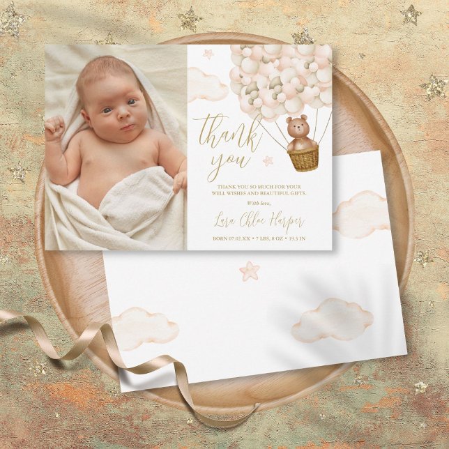 Tarjeta De Agradecimiento Cute Bear y globos nueva foto de bebé (Cute Bear And Balloons New Baby Photo Thank You Card)