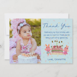 Tarjeta De Agradecimiento Cute Berry Sweet Bunnies | Foto de cumpleaños azul