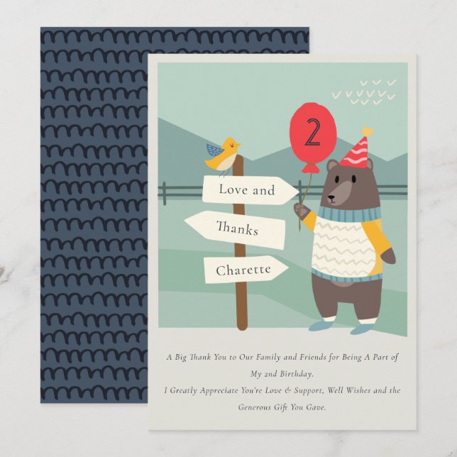 Tarjeta De Agradecimiento Cute Bird Bear Logro Montaña Cumpleaños Cualquier  (Anverso / Reverso)