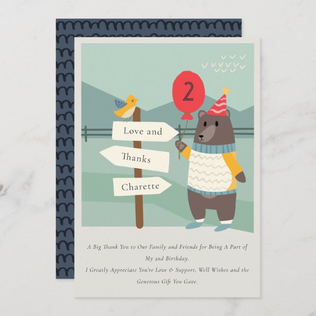 Tarjeta De Agradecimiento Cute Bird Bear Milestone Mountain Cumpleaños de cu (Anverso / Reverso)
