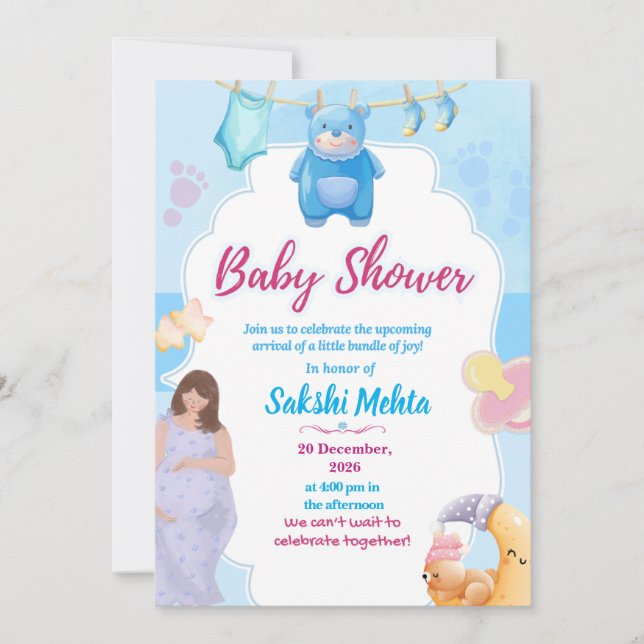 Tarjeta De Agradecimiento Cute Blue Baby Shower Invitation (Anverso)