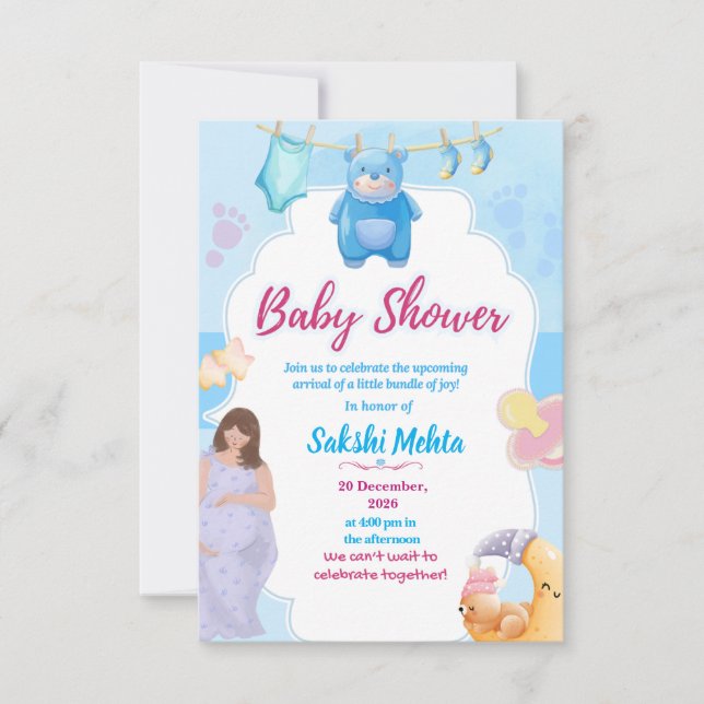 Tarjeta De Agradecimiento Cute Blue Baby Shower Invitation (Anverso)