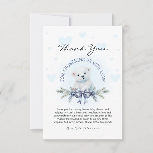 Tarjeta De Agradecimiento Cute Blue Bow Bear Cub Boy Winter Baby Shower (Anverso)