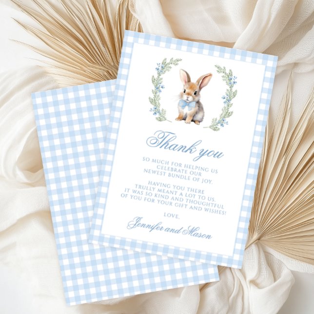 Tarjeta De Agradecimiento Cute Blue Bunny Easter Gingham Baby Boy Shower (Subido por el creador)