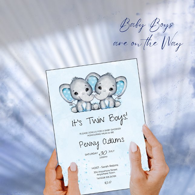 Tarjeta De Agradecimiento Cute Blue Elephant Twins Baby Shower Invitation (Subido por el creador)