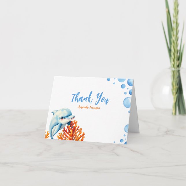 Tarjeta De Agradecimiento Cute Blue & Naranja Dolphin Kids Cumpleaños (Anverso)
