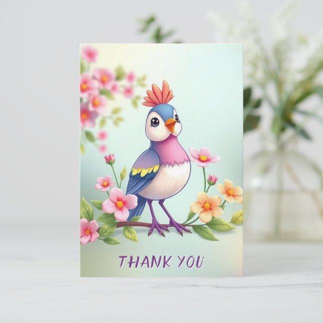 Tarjeta De Agradecimiento Cute Blue Pink Bird Floral Thank You Card (Anverso de pie)