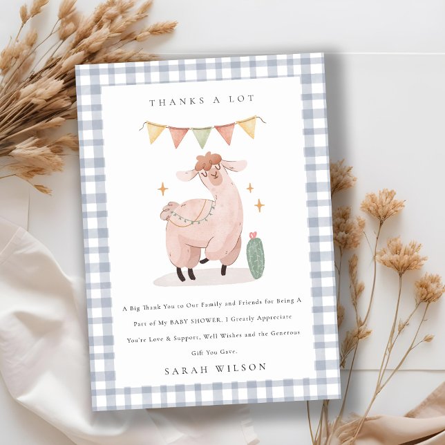 Tarjeta De Agradecimiento Cute Blue Plaid Cactus Boho Llama Baby Shower (Subido por el creador)